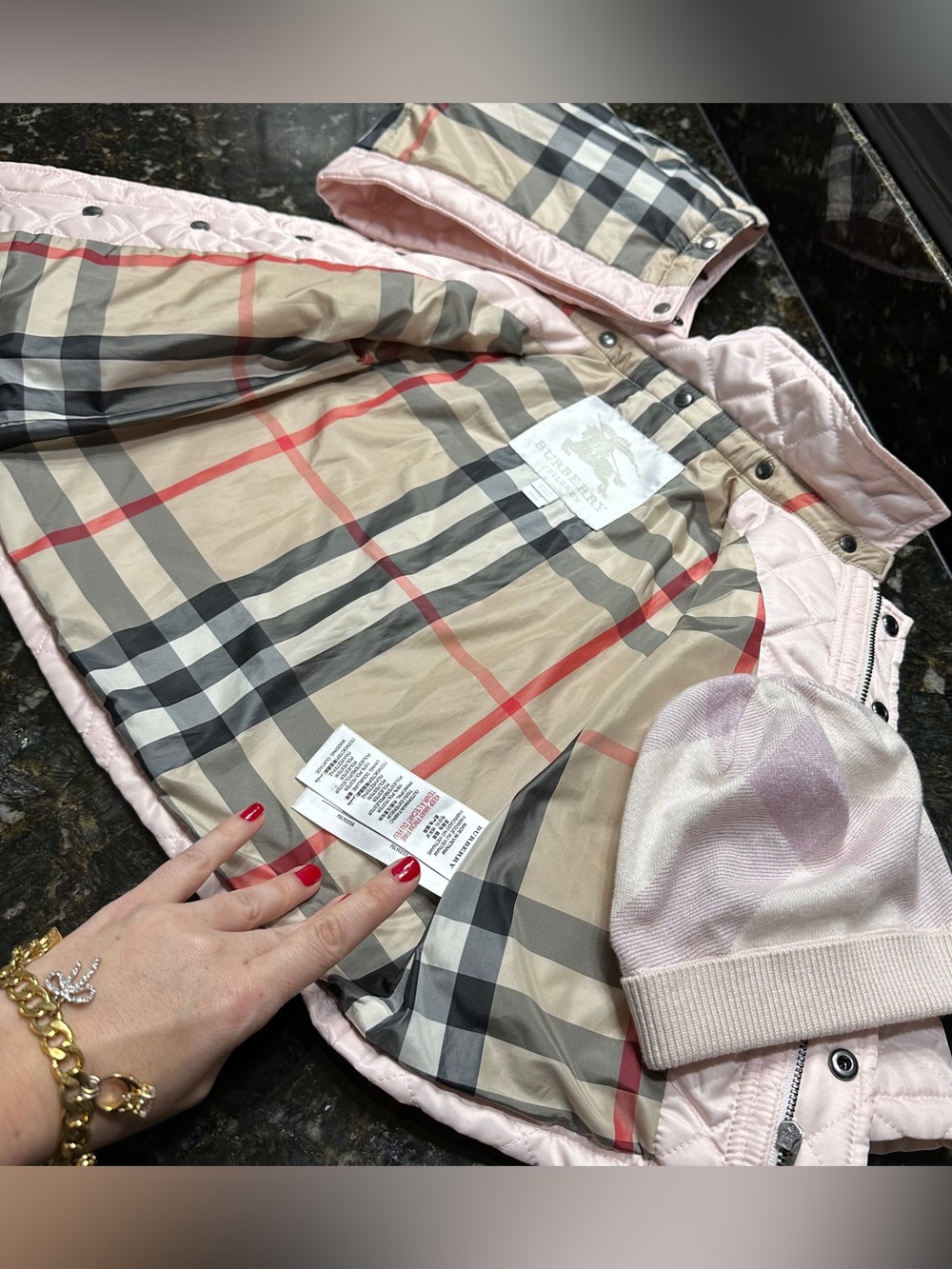 Authentic BURBERRY Baby Girl Jamie Quilted Jacket Hat Pink Children 9-12 Months